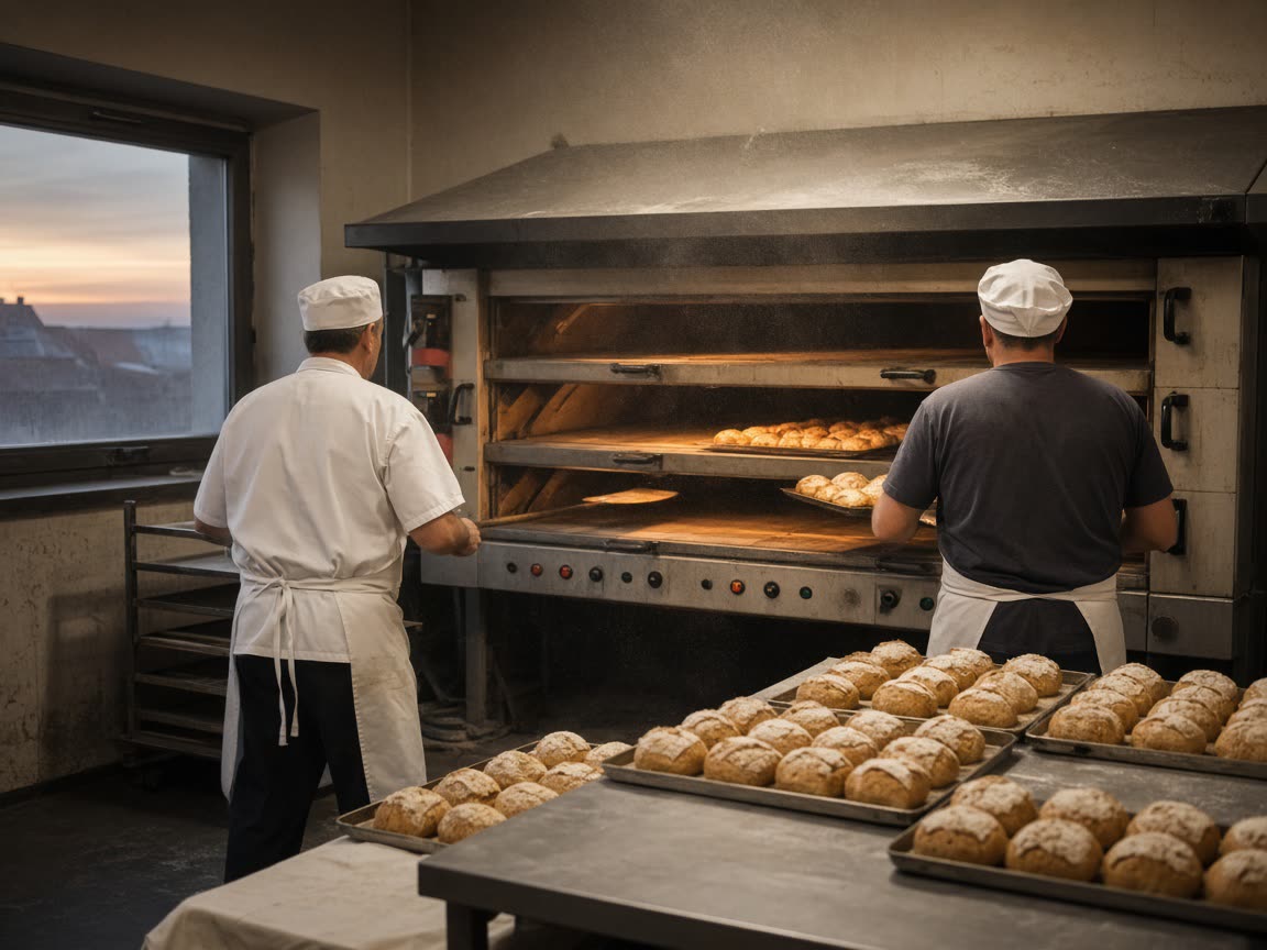 Backstube der Bäckerei Flusskorn mit Brotschalen und Ofen