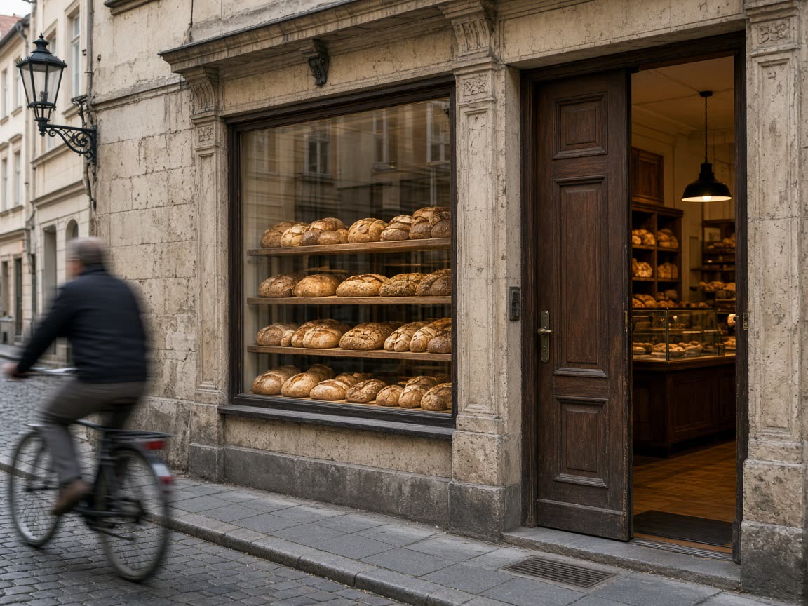Ladeneingang der Bäckerei Flusskorn, Mühlstraße 9, Bamberg
