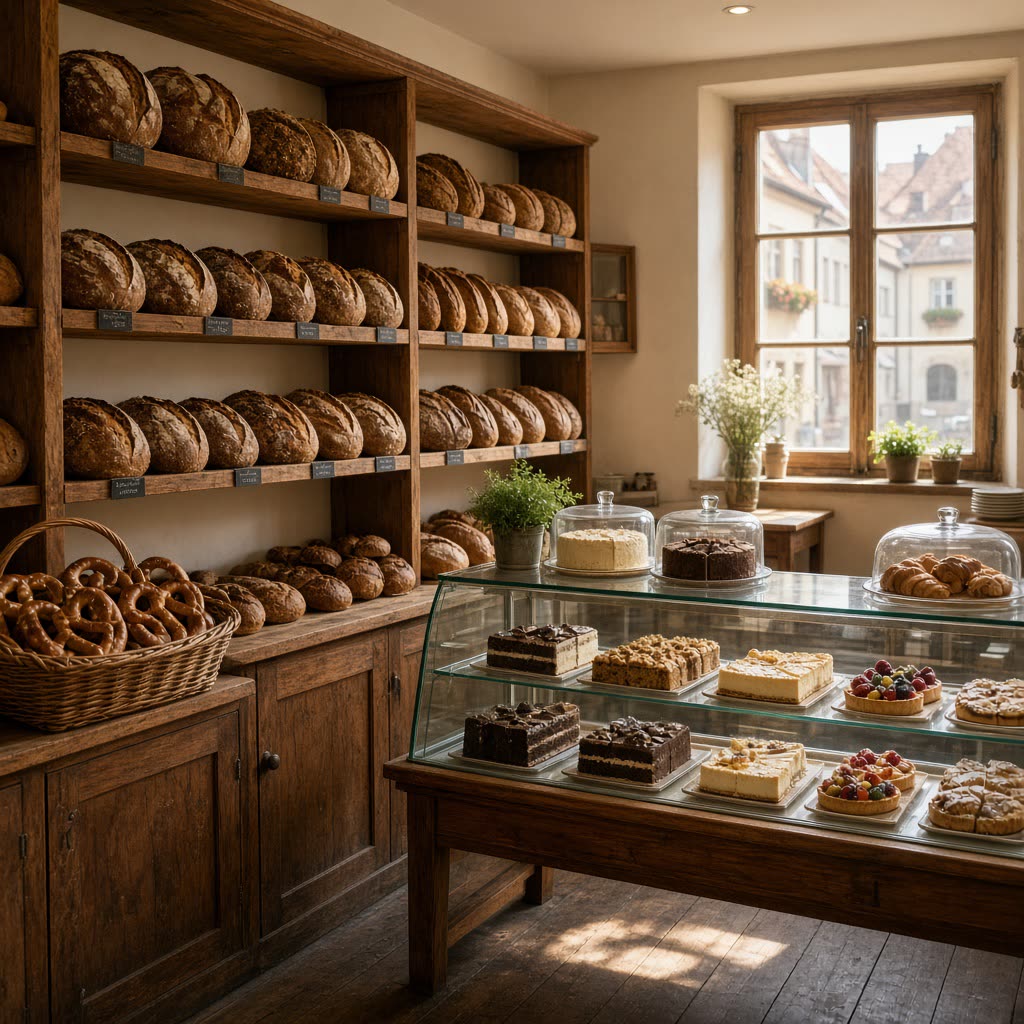 Ladentheke der Bäckerei Flusskorn mit Brot und Semmeln, Mühlstraße Bamberg