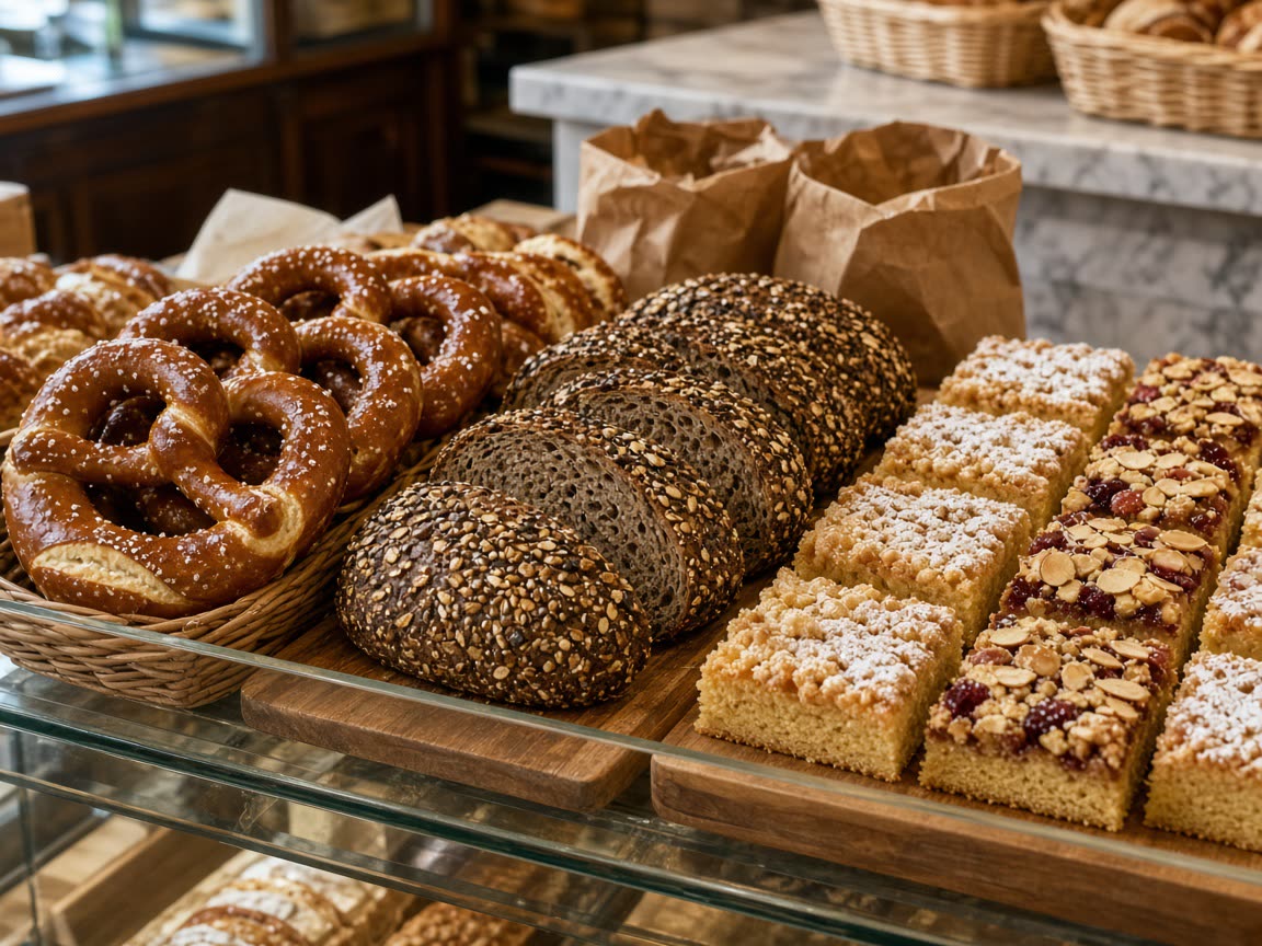 Roggenbrot, Semmeln und Blechkuchen im Verkaufsregal der Bäckerei Flusskorn